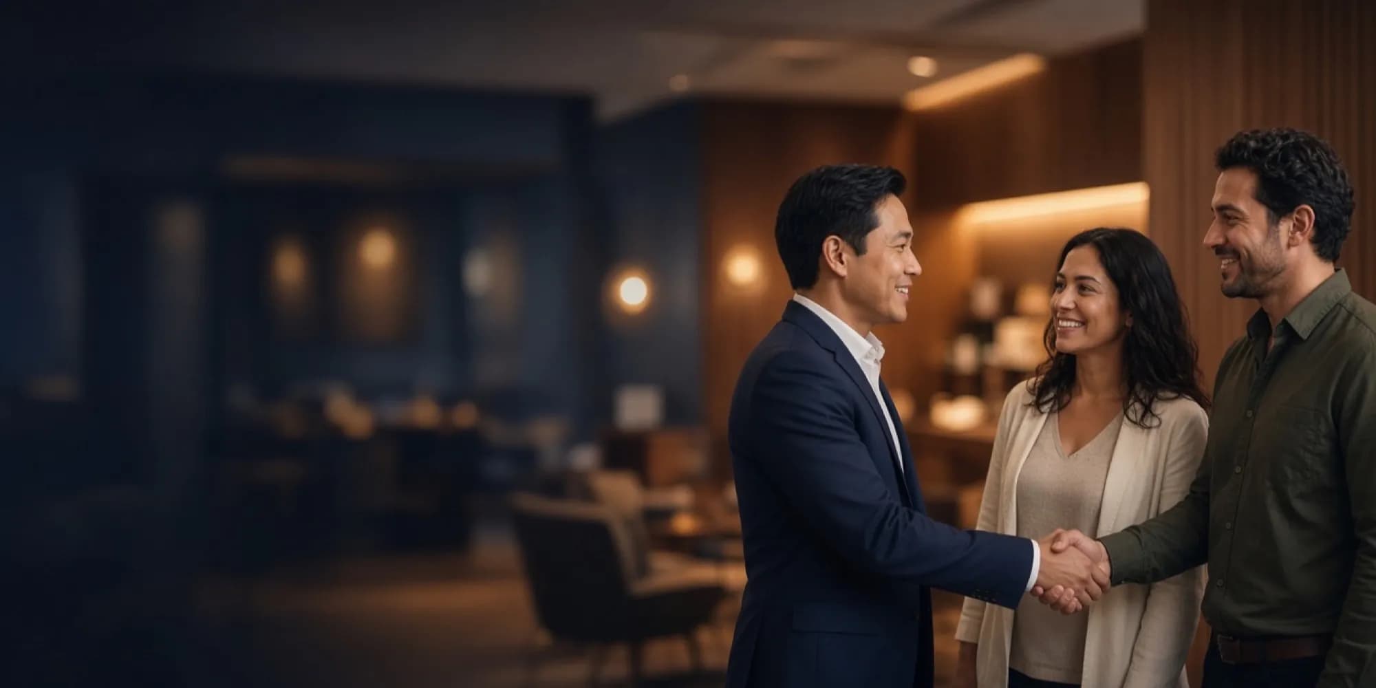 Un commercial serre la main d’un couple, dans un bureau contemporain.