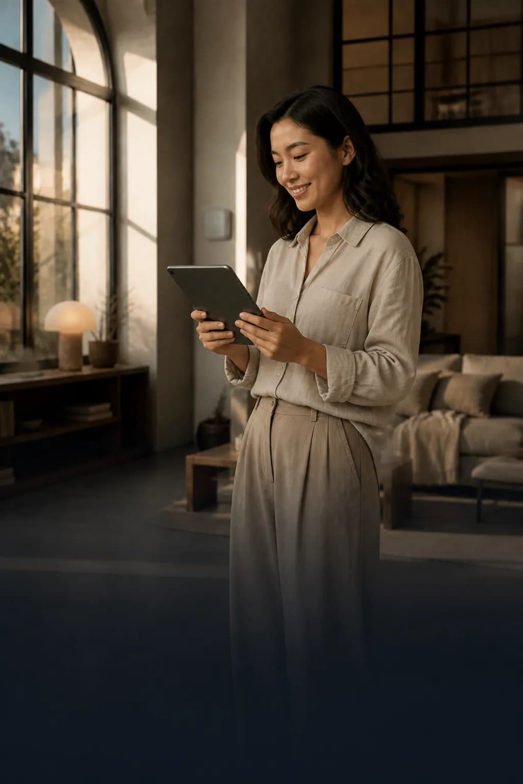 Une femme prépare son étude Colyso depuis chez elle, sur une tablette.