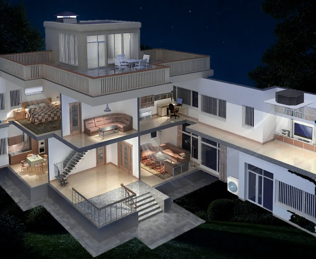 Maison en coupe, plusieurs pièces climatisées par un seul groupe extérieur