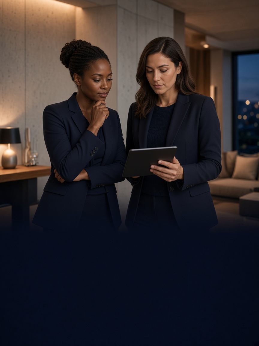 Deux commerciales regardent une tablette, pensives.