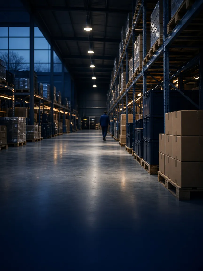 Allée d’un entrepôt logistique, cartons prêts à partir.