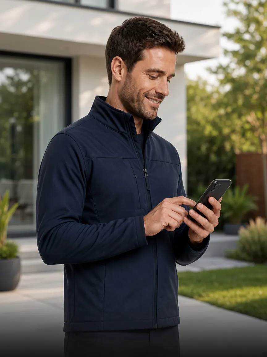 Un installateur consulte son téléphone dans le jardin d’une maison.