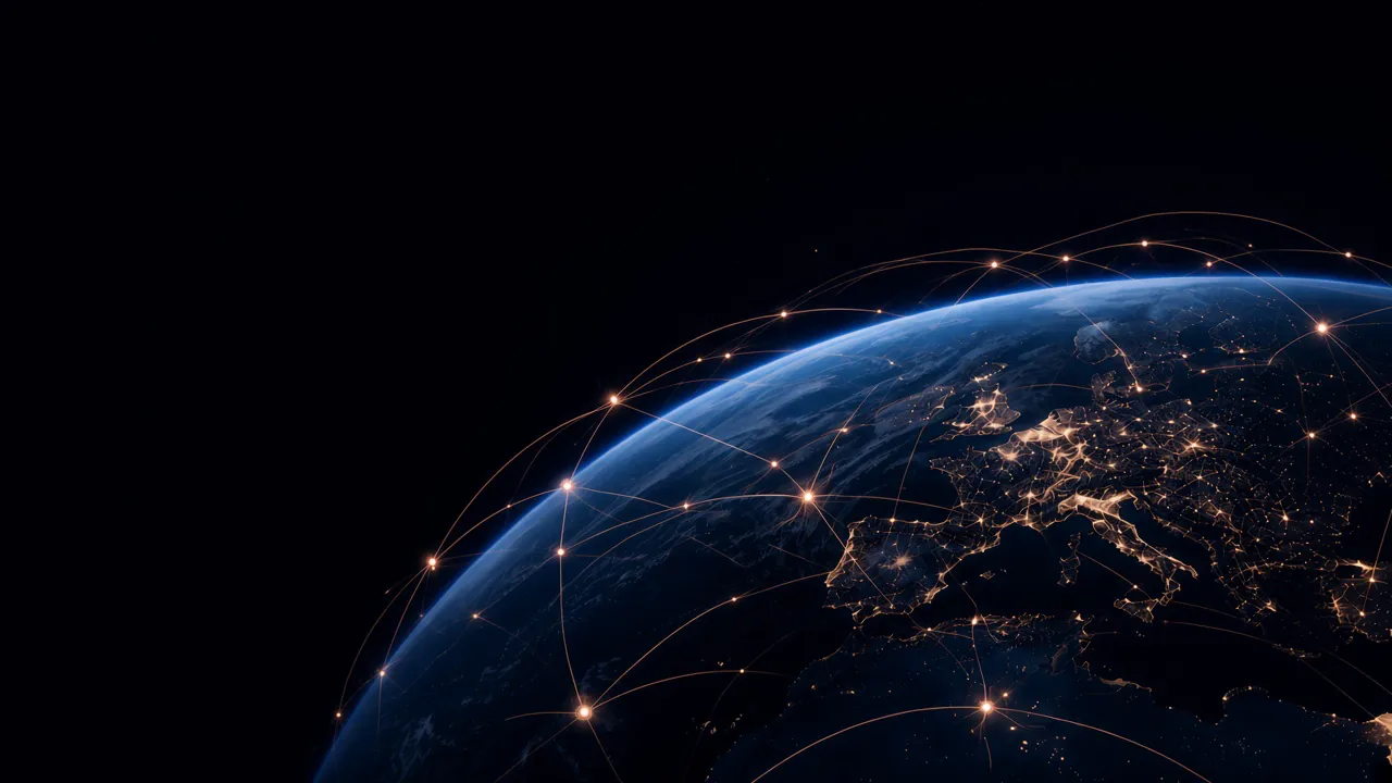 La Terre vue de nuit, un réseau rose gold relie l’Europe.