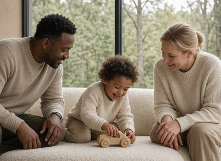 Une famille mixte sur un canapé design, l’enfant joue devant une grande fenêtre.