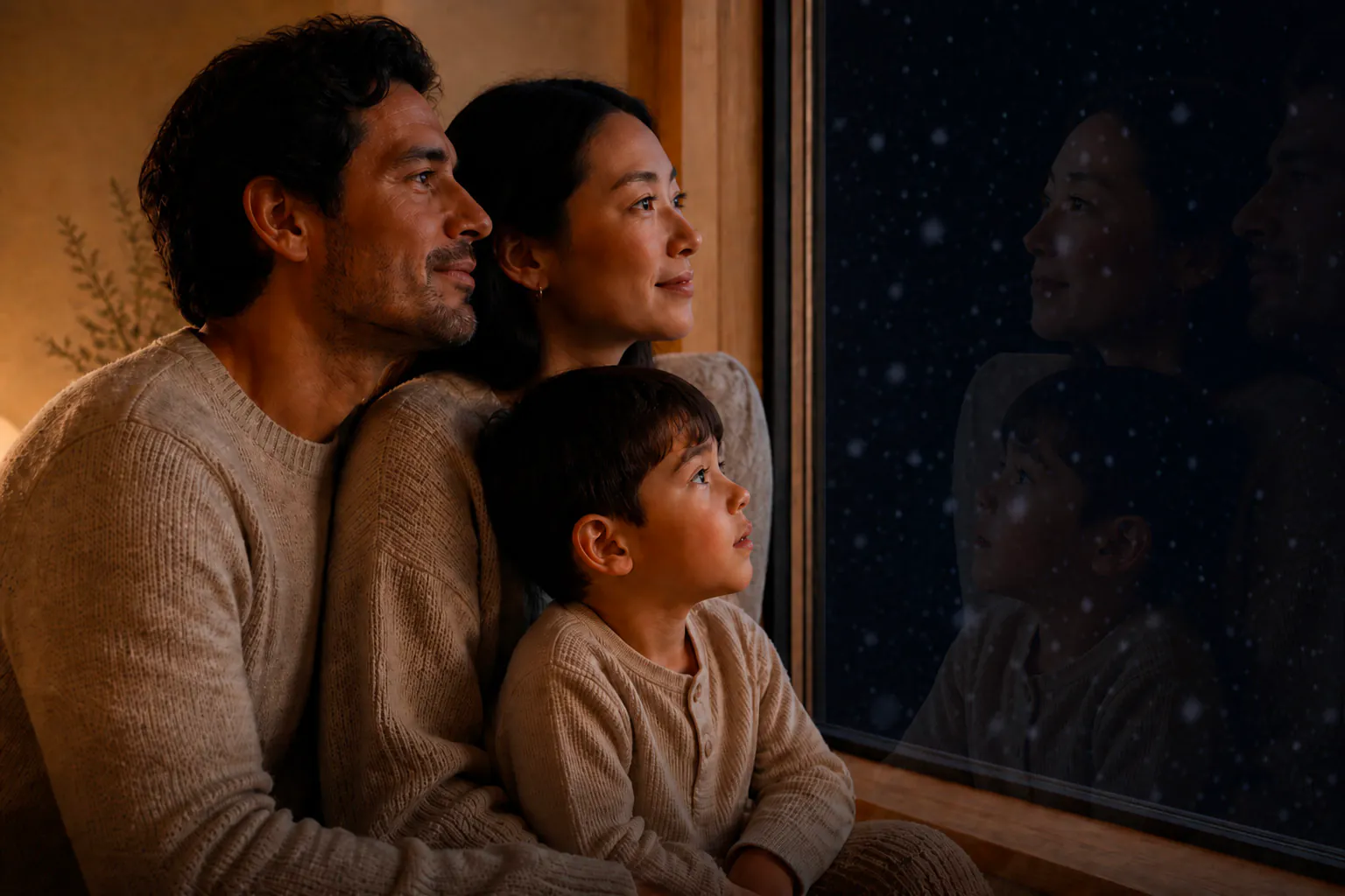 Famille au chaud regardant la nuit d’hiver par la fenêtre