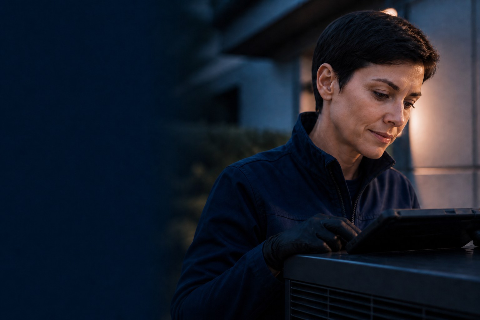 Technicienne consultant une tablette lors du suivi d’une installation
