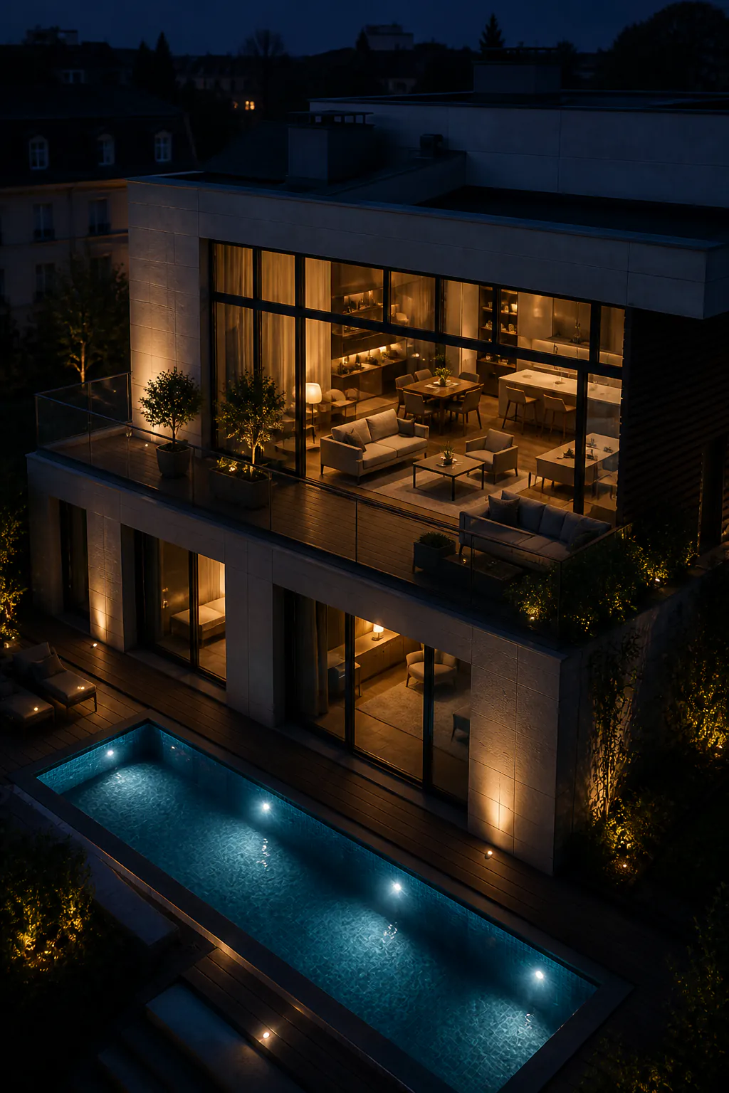 Maison contemporaine éclairée la nuit, avec sa piscine