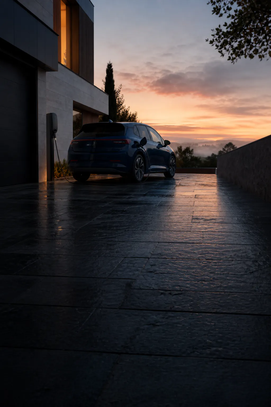 Voiture garée devant une maison moderne au crépuscule