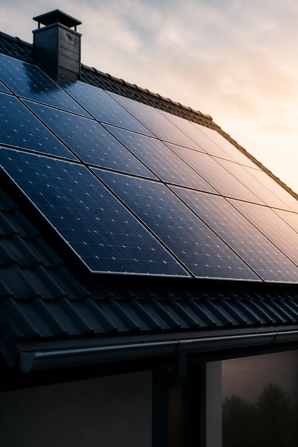 Panneaux solaires sur le toit d’une maison au coucher du soleil