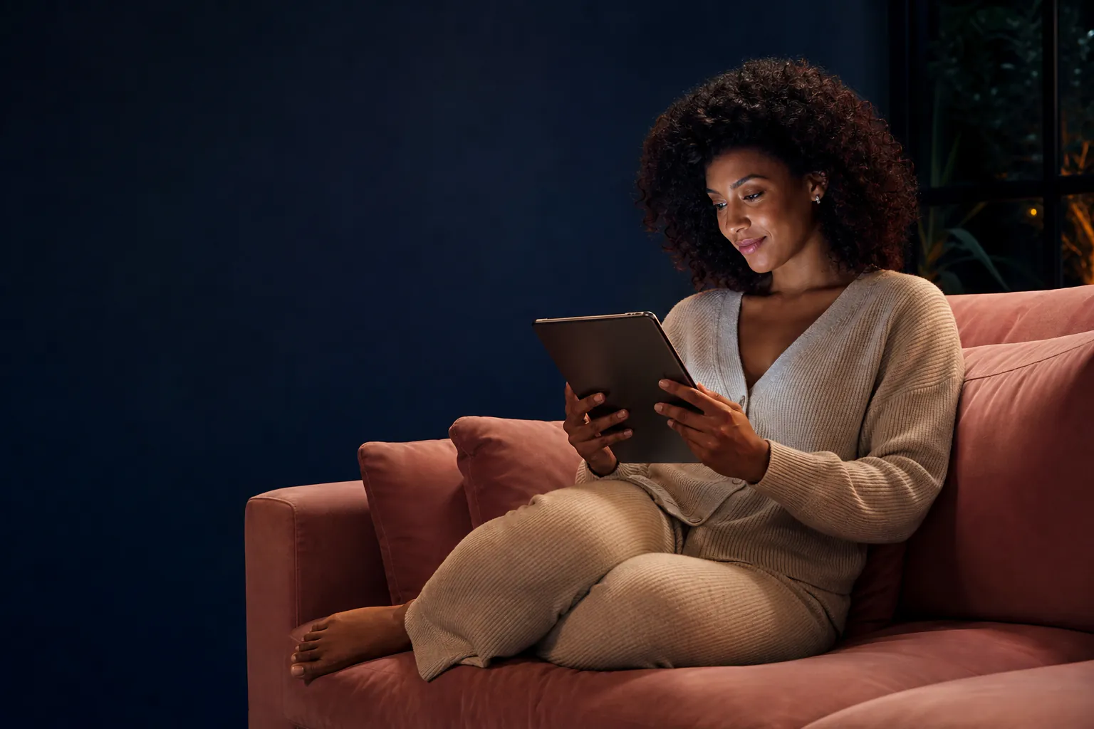 Femme consultant une tablette le soir, installée dans un canapé